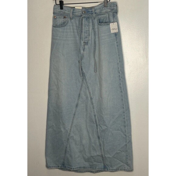NWT LEVI’S Denim Maxi Skirt Free People 27 Light Wash Button Fly Tie Belt Modest - Picture 1 of 6